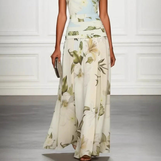 Women's Floral Print Sleeveless Backless Waist-Cinching Maxi Dress