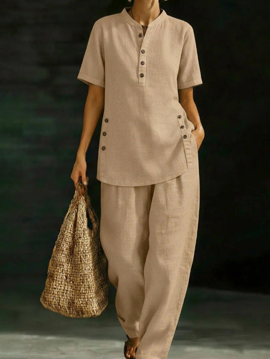 Three-Quarter Sleeve Shirt & Wide-Leg Pants Two-Piece Set – Solid Color Casual