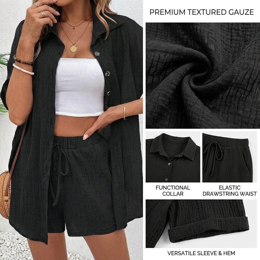 Women's Solid Color Button-Front Lace-Up Two-Piece Set