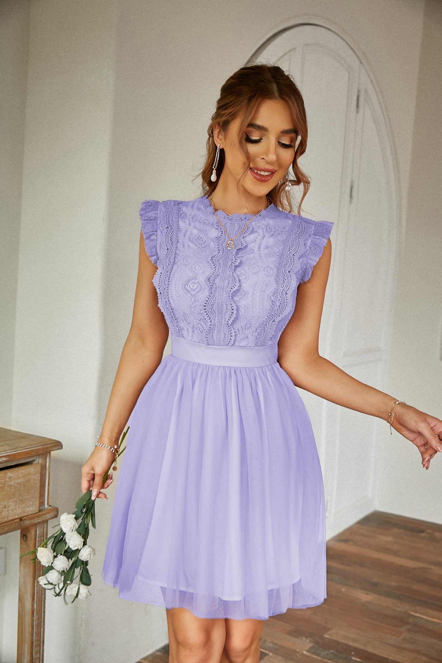 Women Summer Lace Tulle Short Sleeve Round Neck Elegant Dress