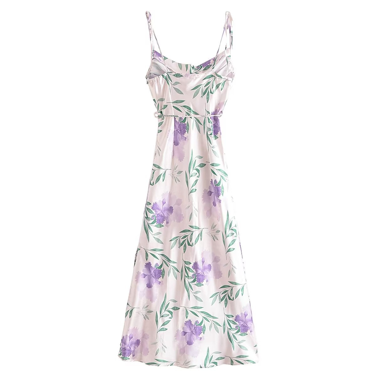 Summer Printed Satin Strap Dress Lace up Backless Sexy Dress