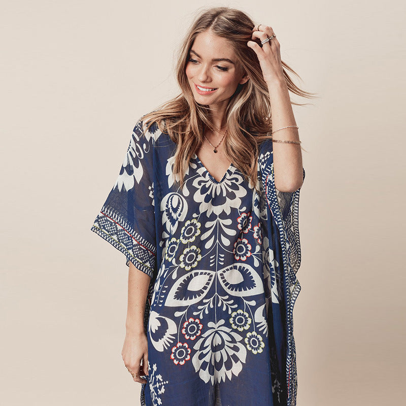 Navy Blue Positioning Floral Chiffon V neck Loose Beach Cover Up Beach Dress Swimwear Cover up Women Cover