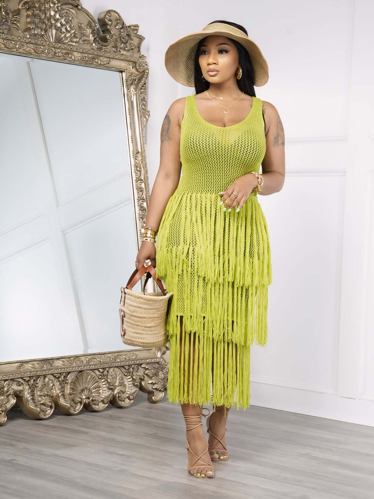 Summer Knitted Hand Hook Beach Tassel Mesh Blouse Dress