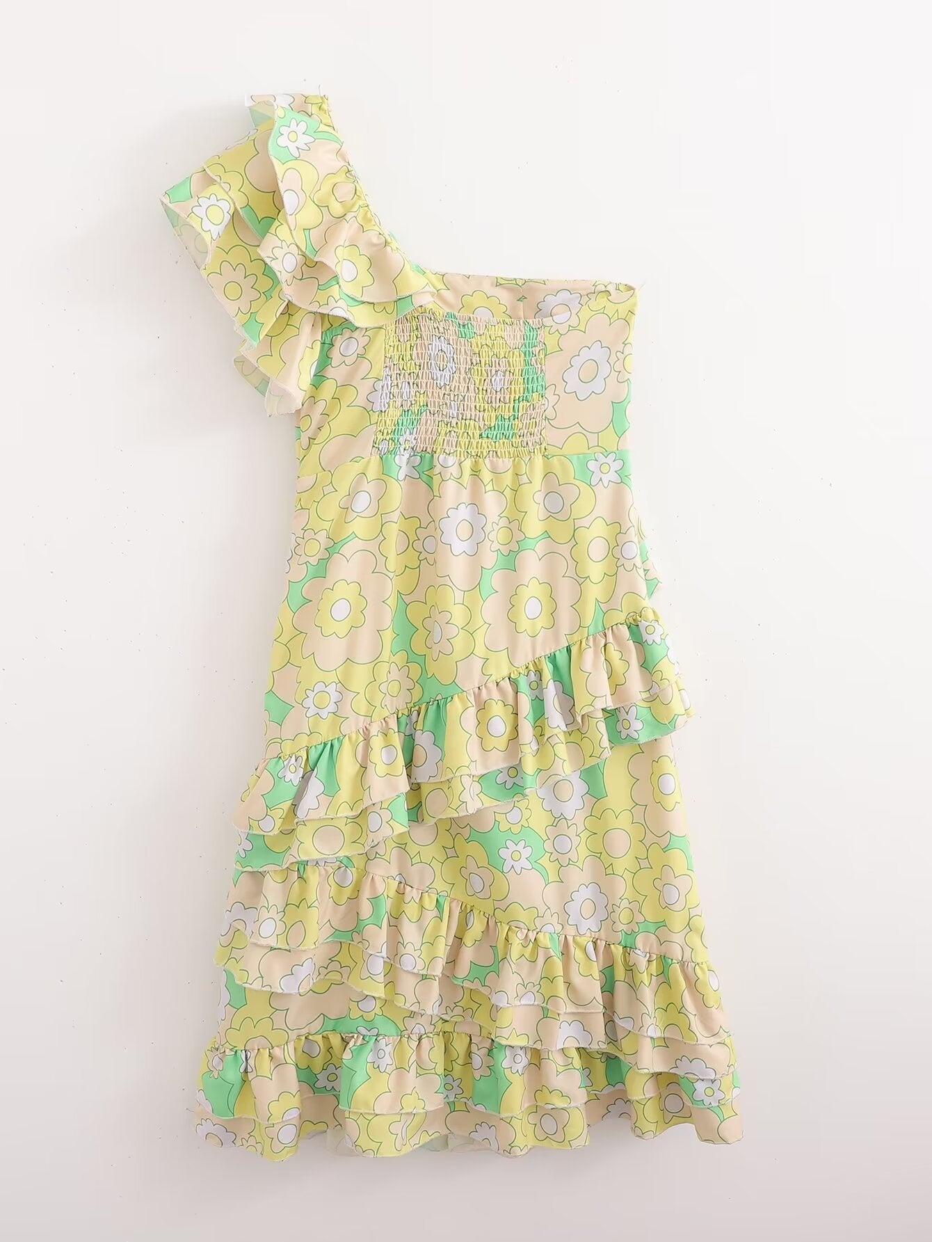 Women Printed Ruffled Sexy off Shoulder Diagonal Collar Loose Dress