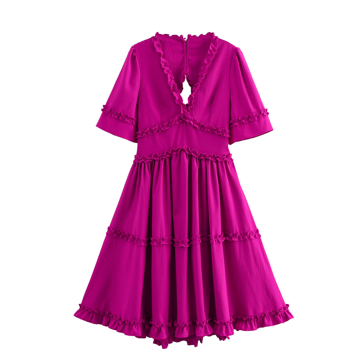 Spring Women V neck Short Sleeve Texture Ruffled Dress