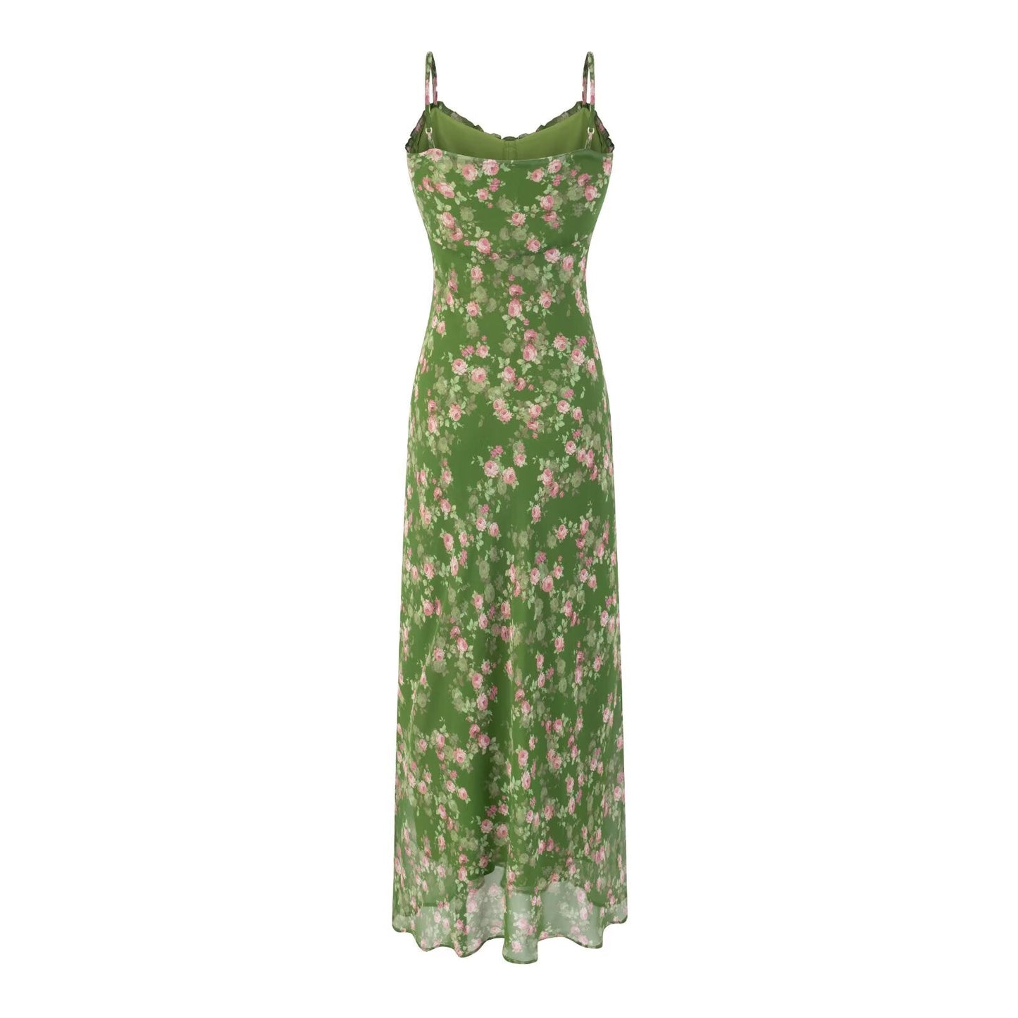Spring Summer Beach Vacation Casual Floral Print Green Background Suspender Dress