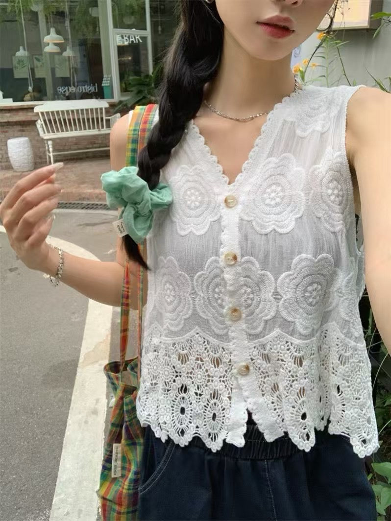 Women Embroidered Jacquard V Neck Knitted Summer Cutout Top