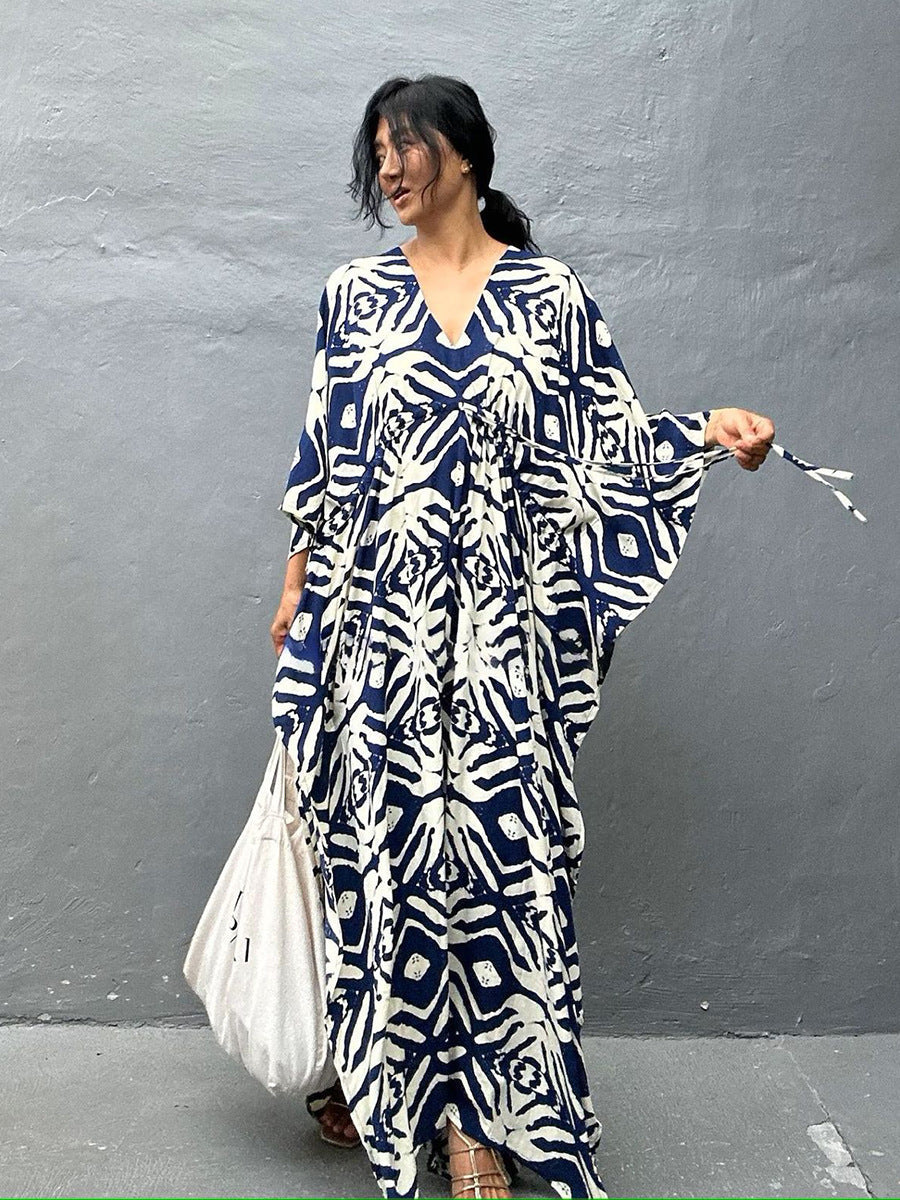 Rayon Drawstring Vacation Beach Dress Women Sunscreen Loose Robe Bikini Cover