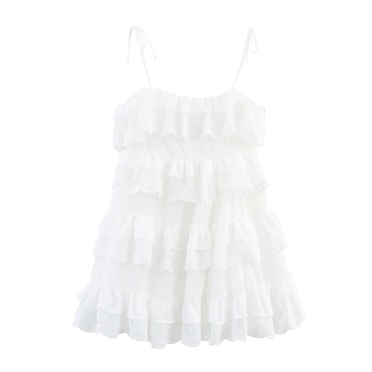 Women Clothing Summer French Embroidery Laminated Decoration Short Strap Dress