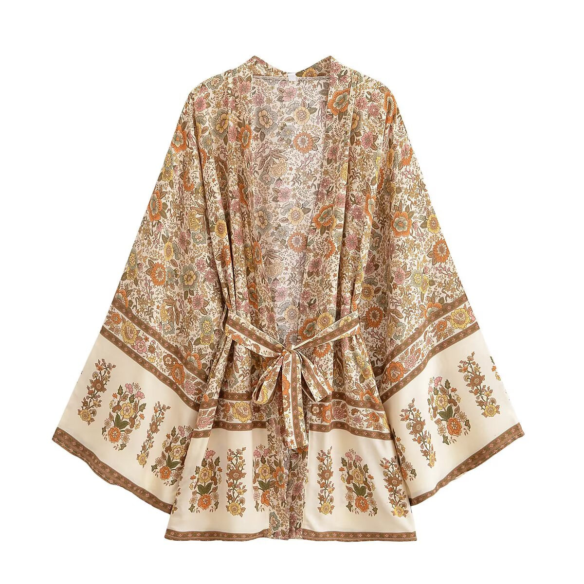 Women Clothing Summer Rayon Printed Waist Belt Casual Loose Beach Kimono Jacket