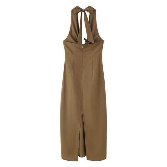 Women Clothing Spring Buckle Decoration Pleated Hanging Collar Dress