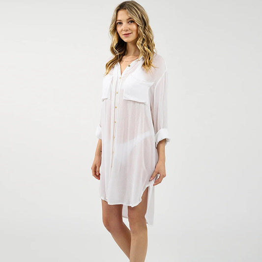 Woven Crepe Shirt Hidden Hook Beach Cover up Bikini Coat Shirt Swimsuit Cardigan Women