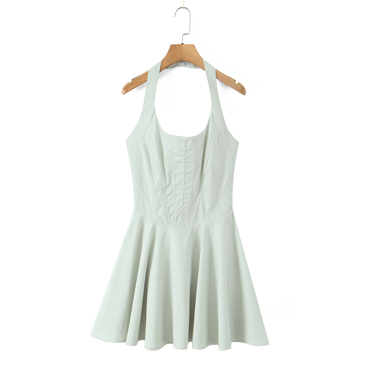 Summer Solid Color Elegant Green Sexy Waist Trimming Simple Halter Back Tied Dress