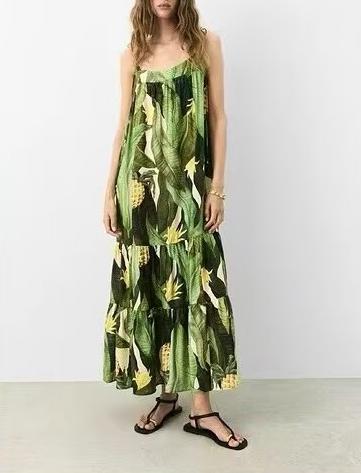 Summer Wind Women Rayon Printed Bohemian Plant Ruffled Spaghetti Straps Dress