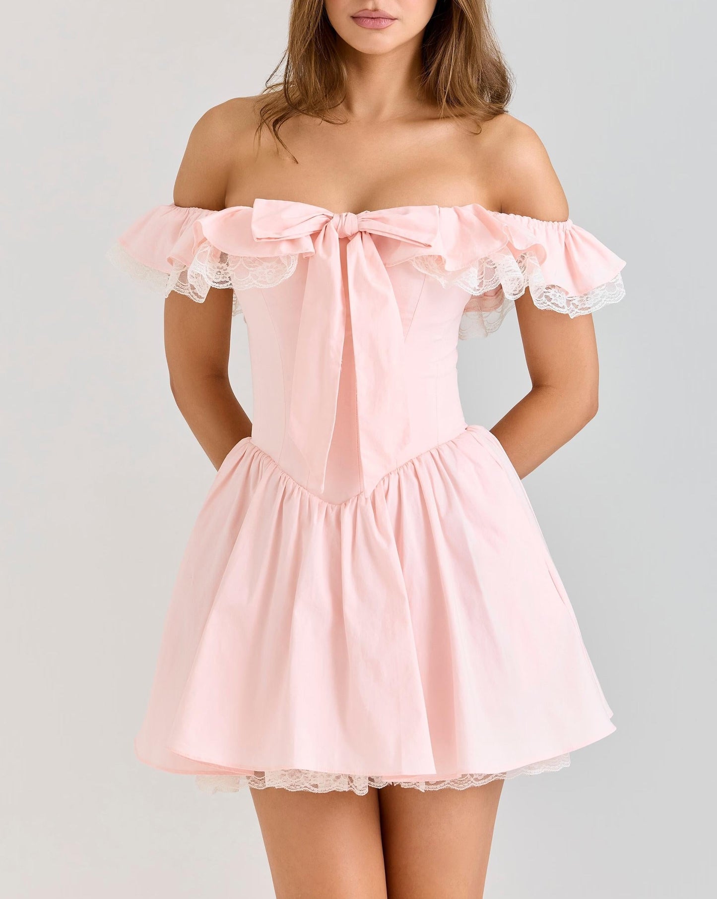 Pink off Neck Lace Stitching Mini Dress