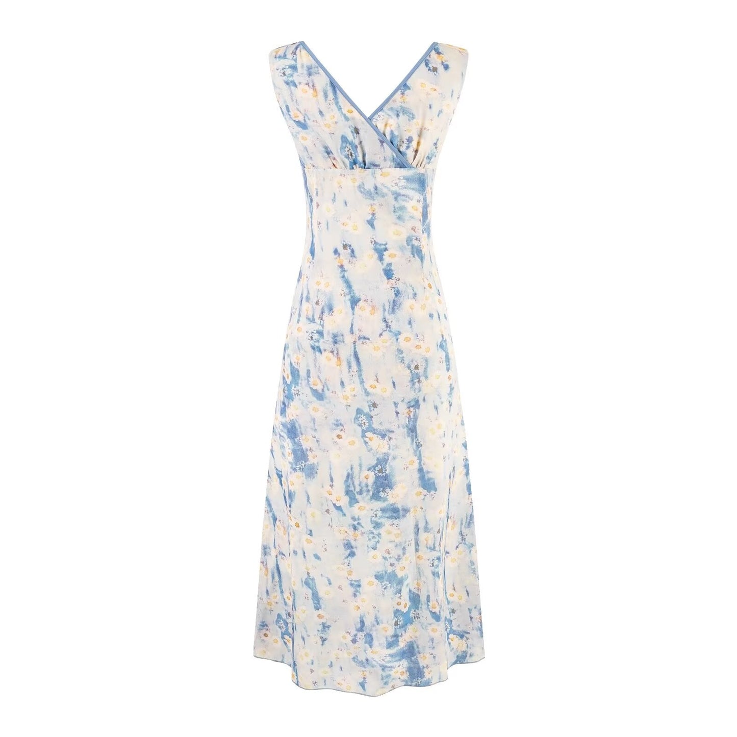 Sweet Printed Chic Ruffled V neck Maxi Dress Vintage Slim Fit Backless Vacation