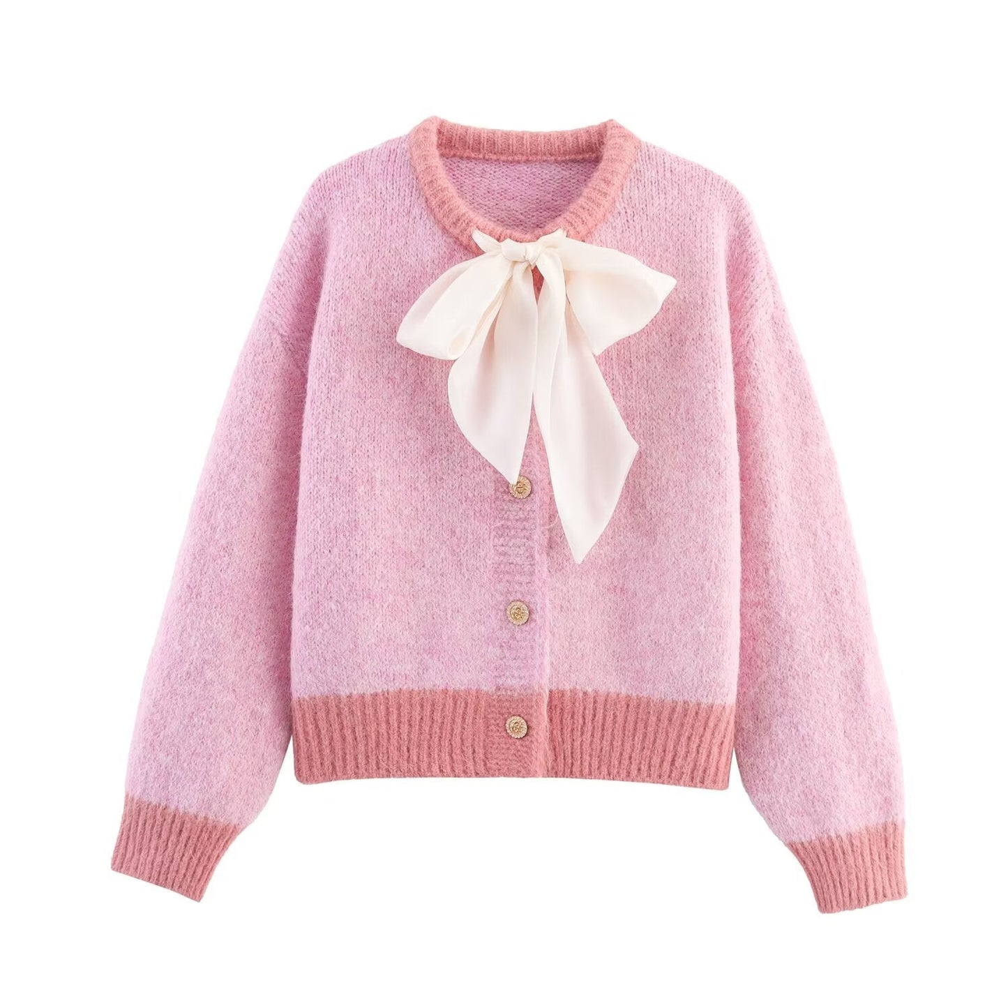 Women Clothing Fall round Neck Long Sleeve Bowknot Decorative Knitwear Coat