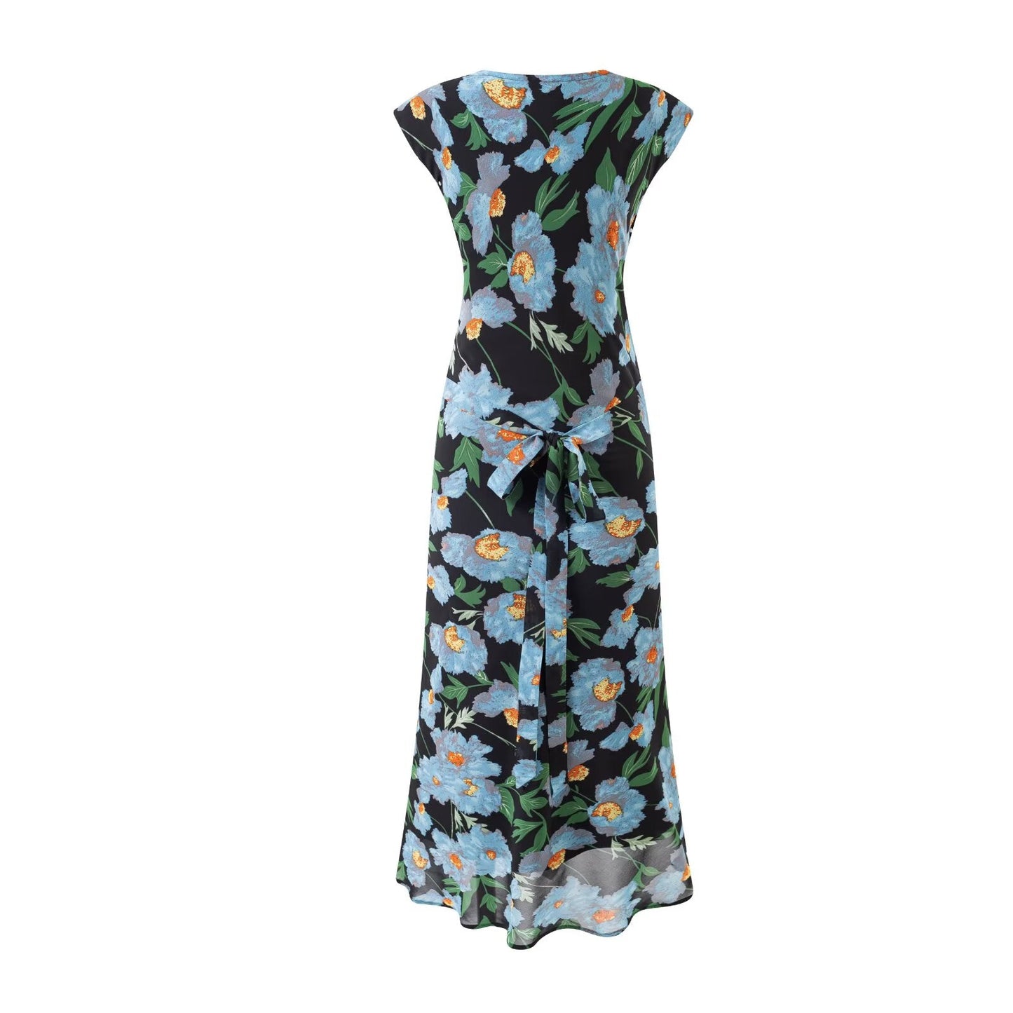 Summer Printed V neck Bow Lace up Slim Fit Mid Length Dress
