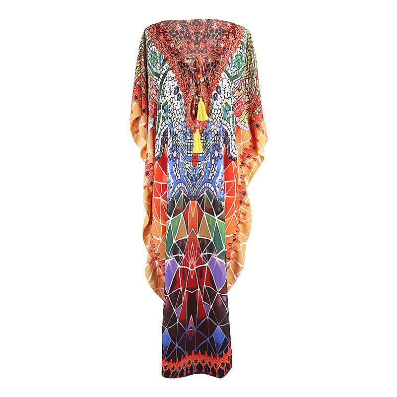 Quick Drying Silky Marbling Robe Vacation Loose Beach Maxi Dress Bikini Swimsuit Blouse