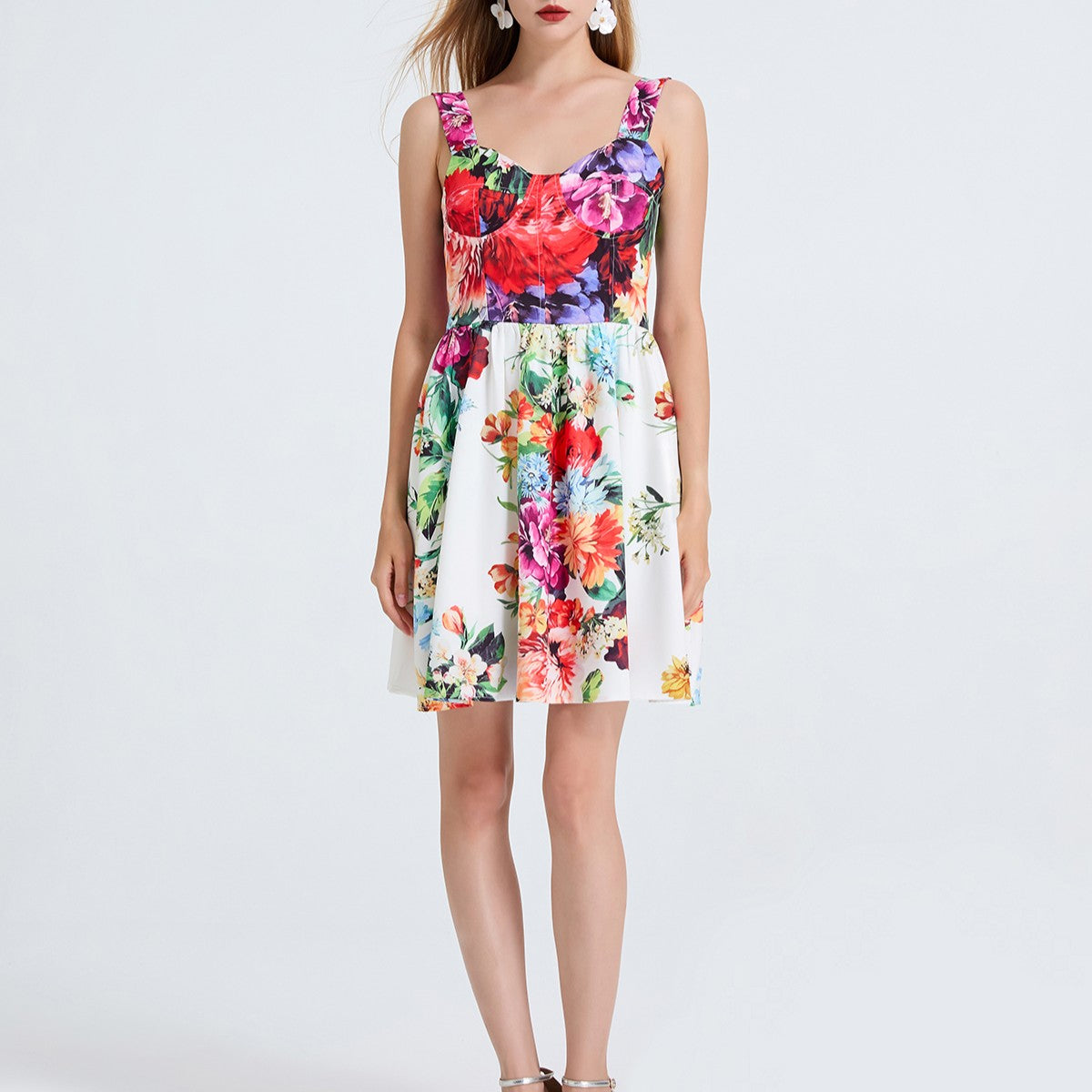 Women High Waisted Printed Halter Top Short Dress With Elastic Back Straps
