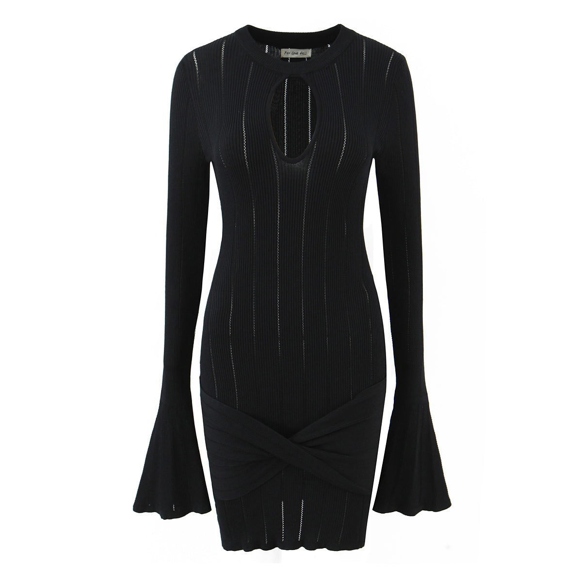Women Clothing Summer Hollow Out Cutout Slim Sheath Flare Sleeve Knitted Long Sleeved Dress