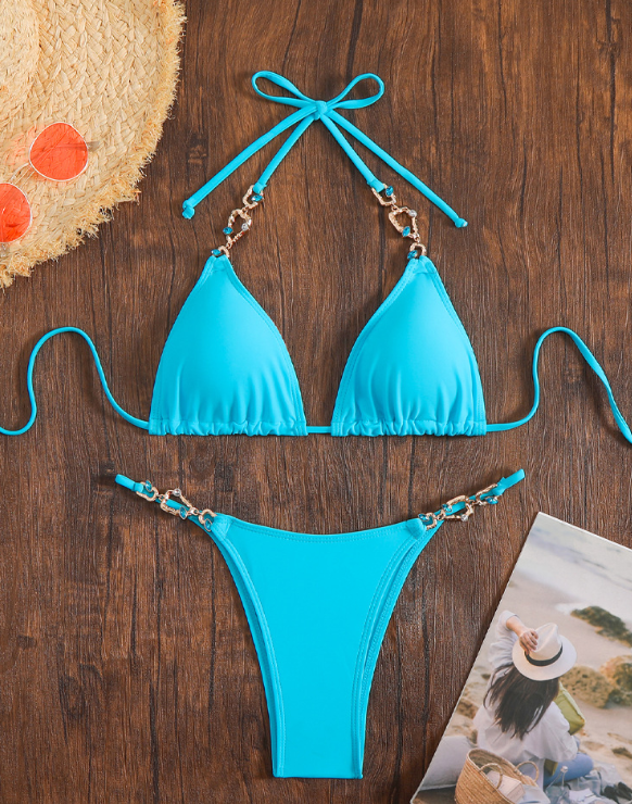Bikini Swimsuit Diamond Sexy Bikini Solid Color Halter Three Point Swimsuit