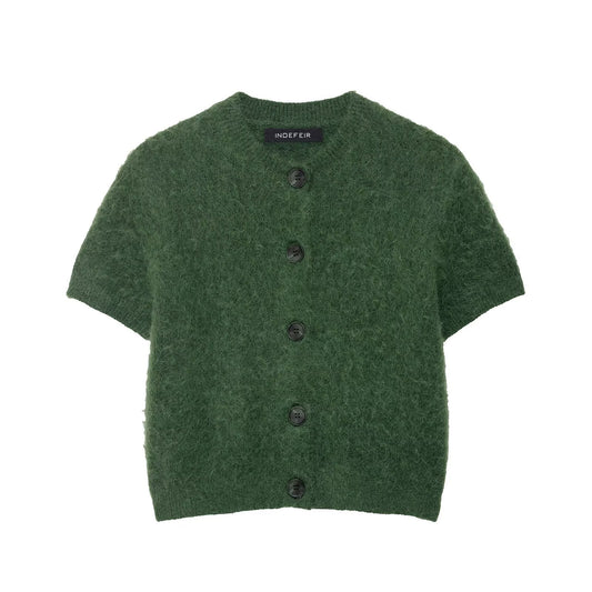 Early Autumn Women Clothing Office round Neck Short Sleeves Single Breasted Knitwear
