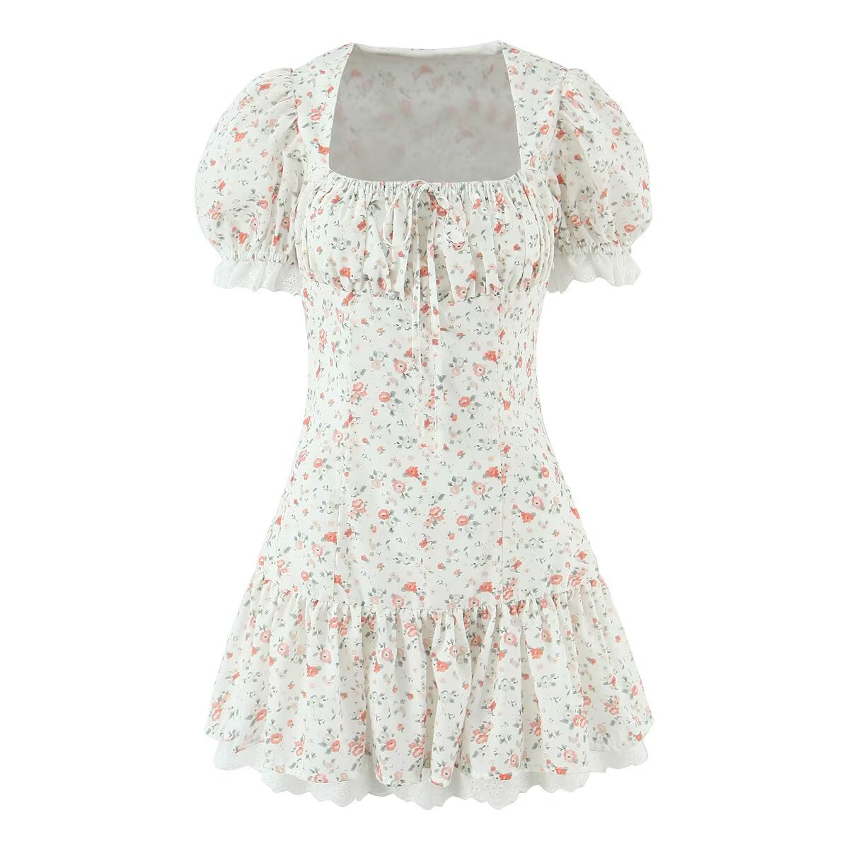 Autumn Gentle Sweet Floral Lace Stitching Printing Dress Tight Waist Puff Sleeve Super Fairy Princess Dress