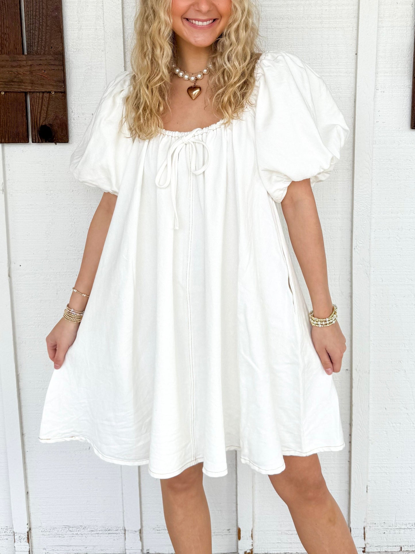 Ladies Summer Dress Fresh Denim Washed Puff Sleeve Large Swing Double Sided Bag Dress