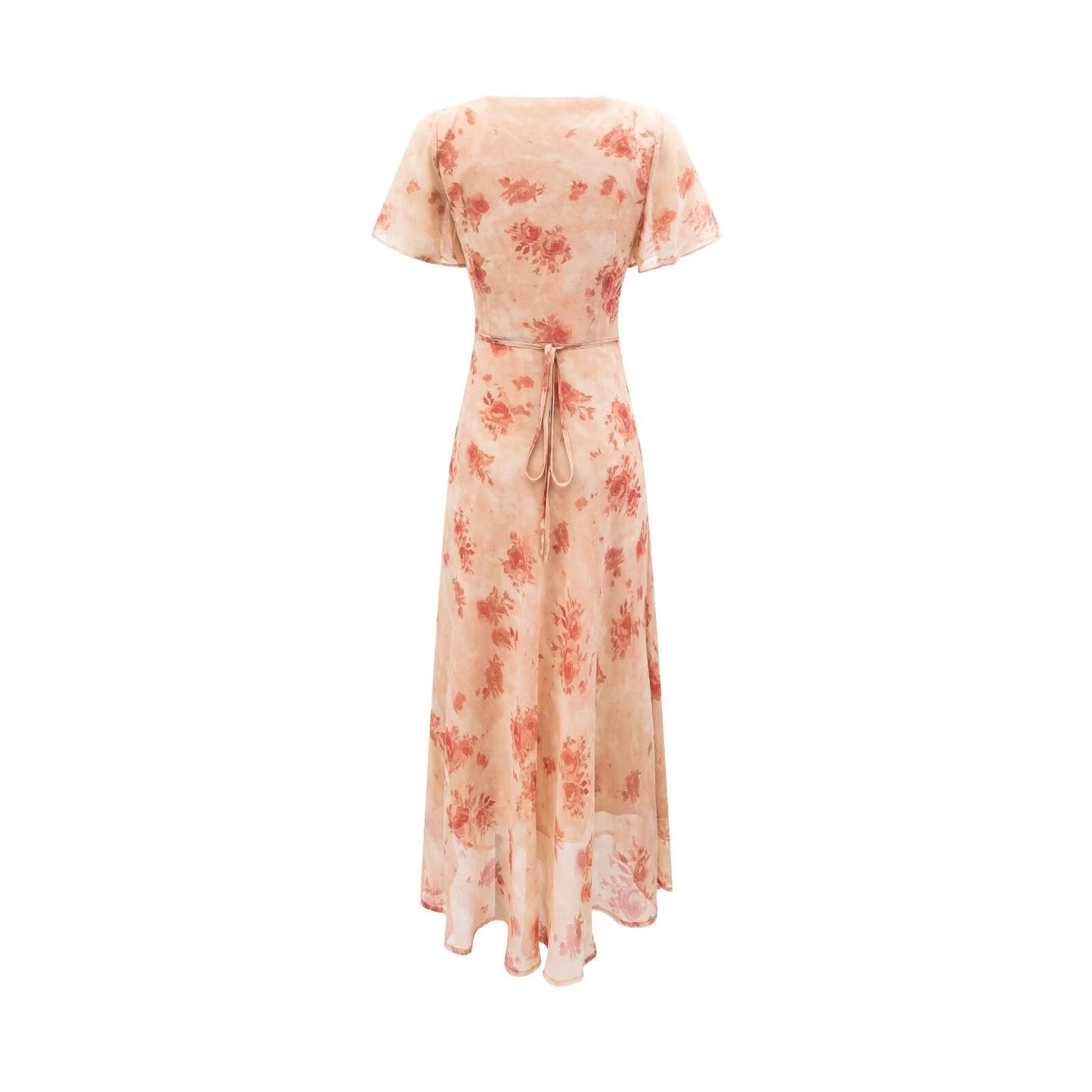 Women Clothing Elegant Pink Floral V neck Pullover Dress Women Waist Controlled Slimming Dress