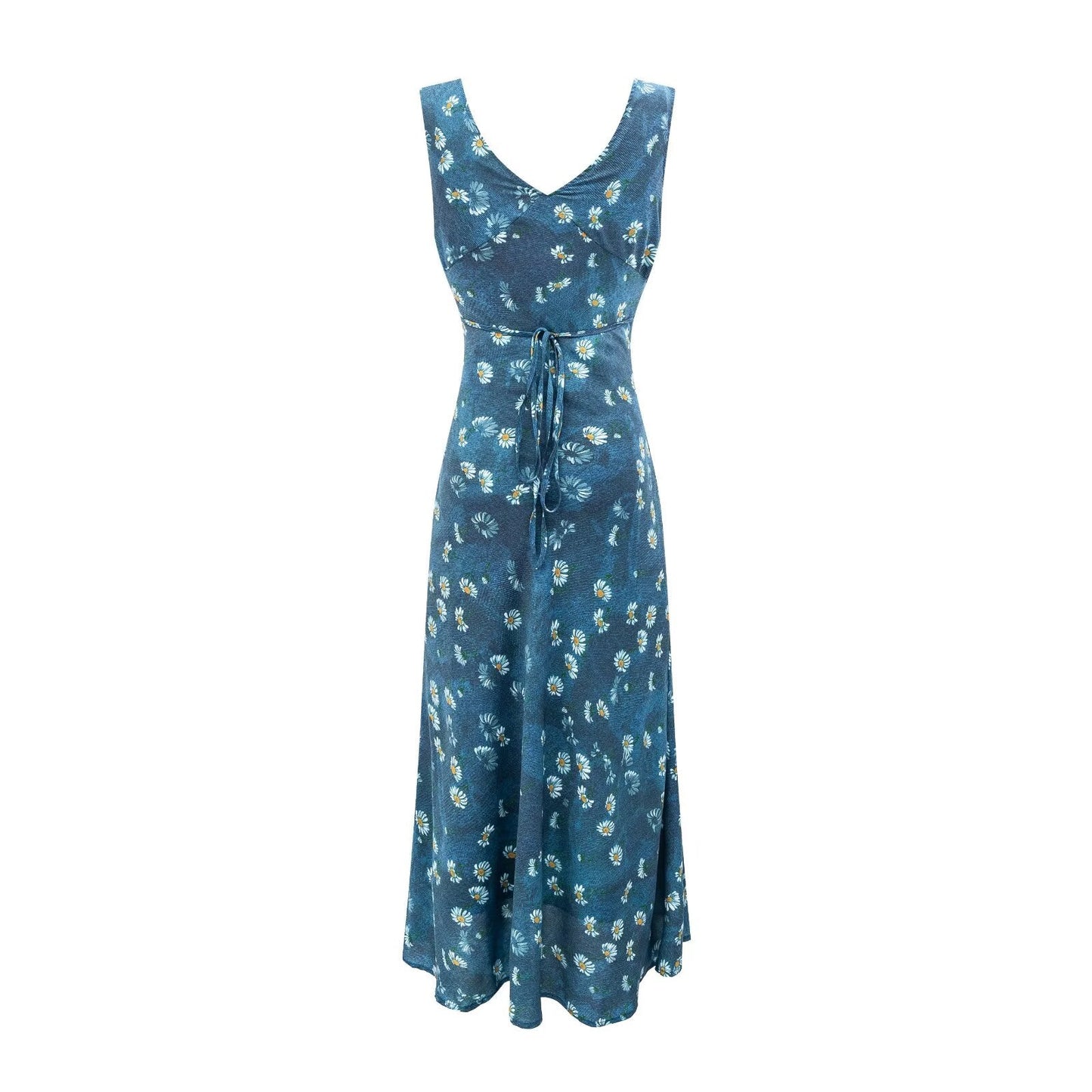 Winter Retro Printed Sexy V neck Lace up Tight Waist Blue Background Printed Dress