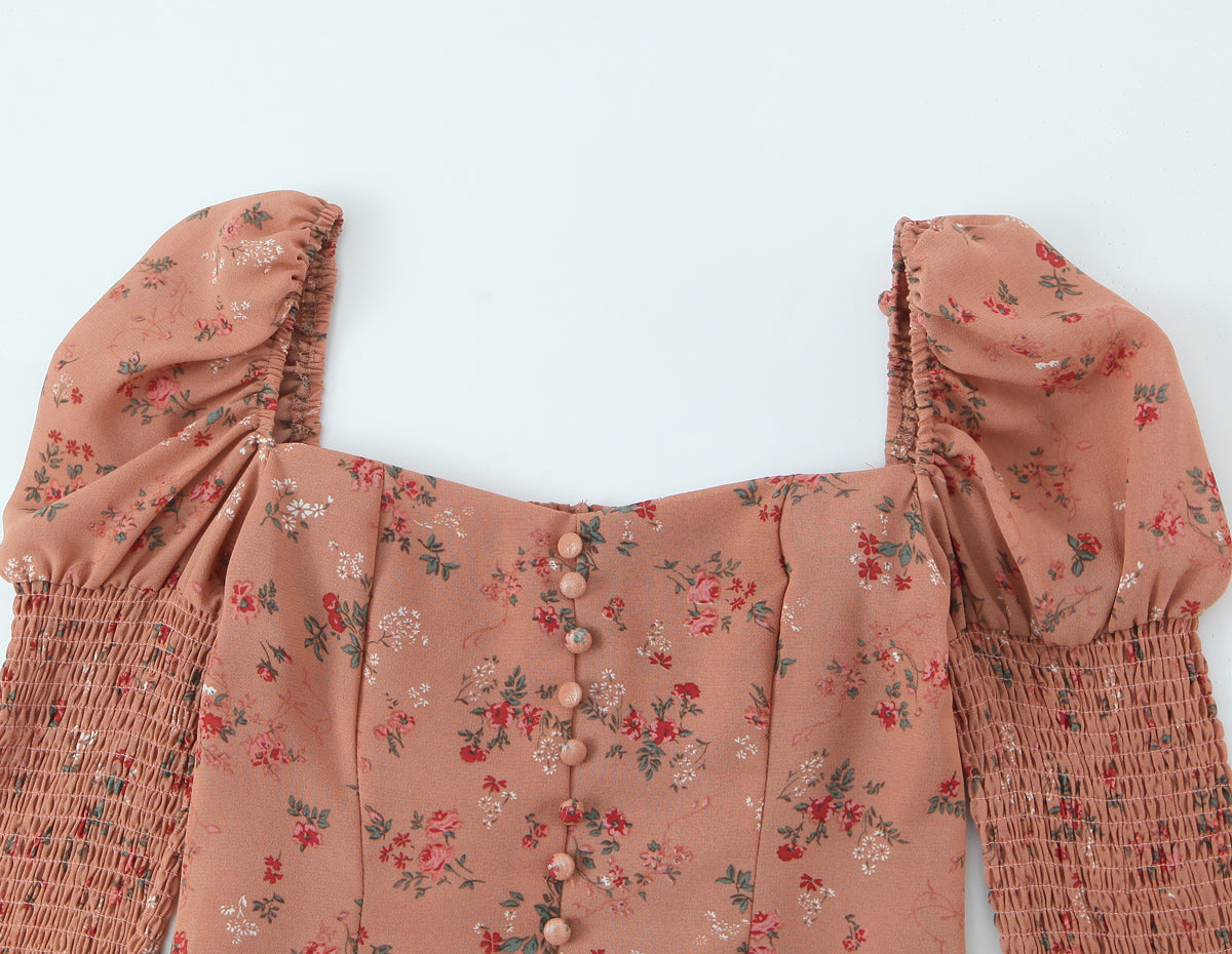 Women Early Spring Floral Printed Sexy Square Collar Slimming Elastic Puff Sleeve Shirt