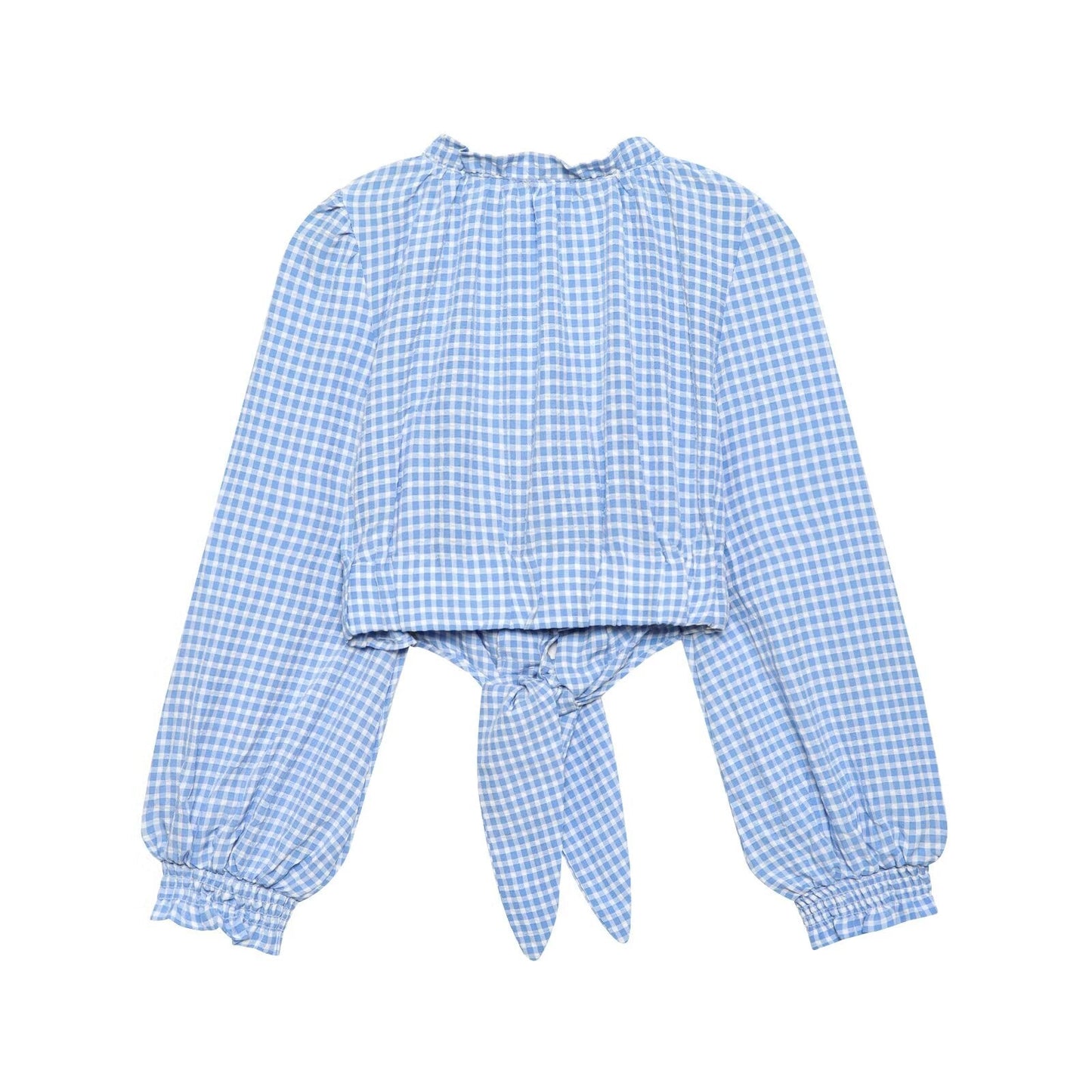 Women Clothing Spring Sexy Square Collar Blue Plaid Short Long Sleeve Top