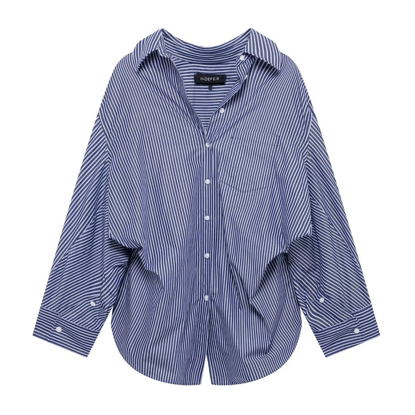 Women Clothing Patchwork Striped Poplin Loose Collared Long Sleeves Shirt