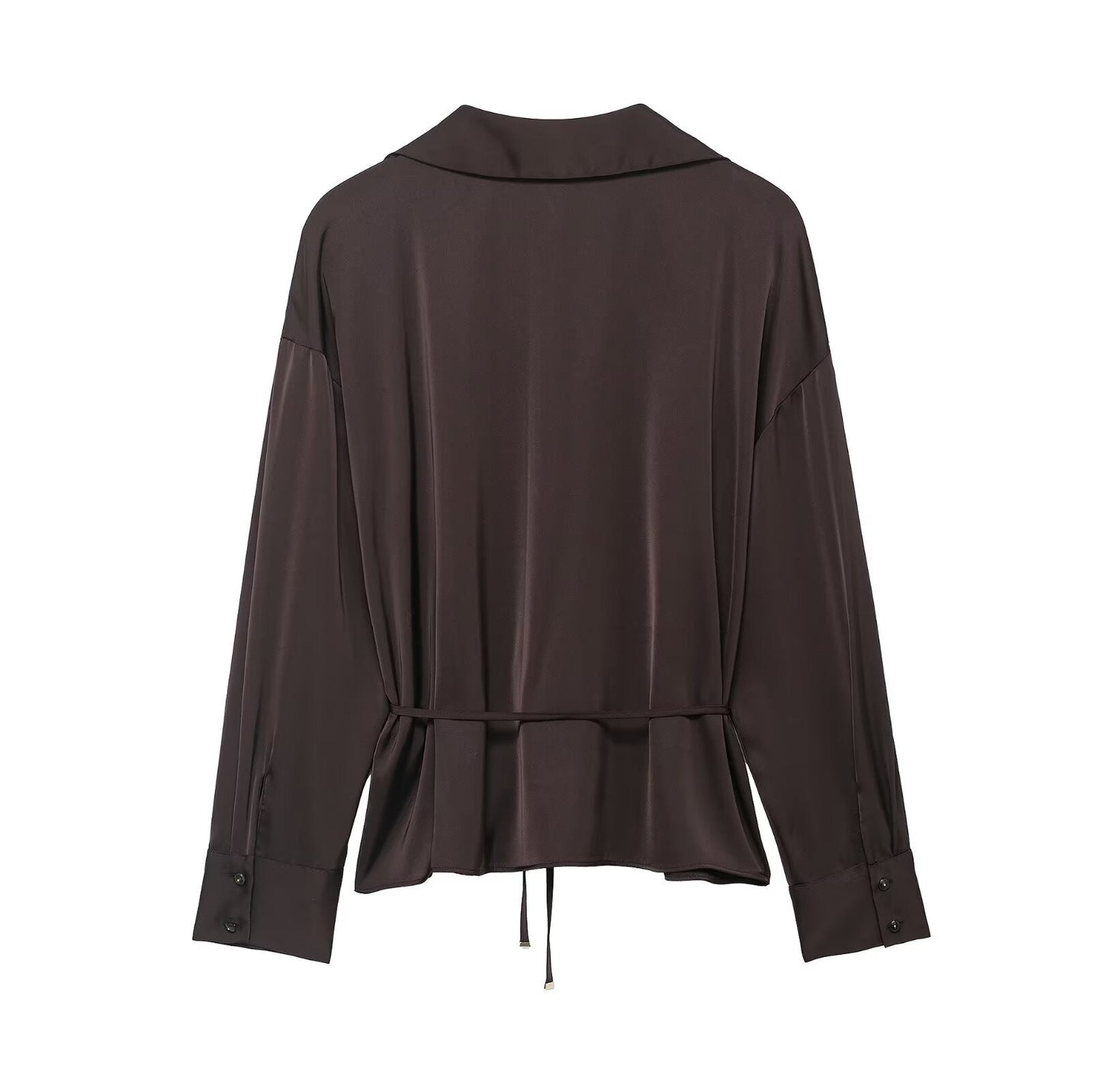 Women Clothing Summer All Matching with Belt Silk Satin Textured Shirt