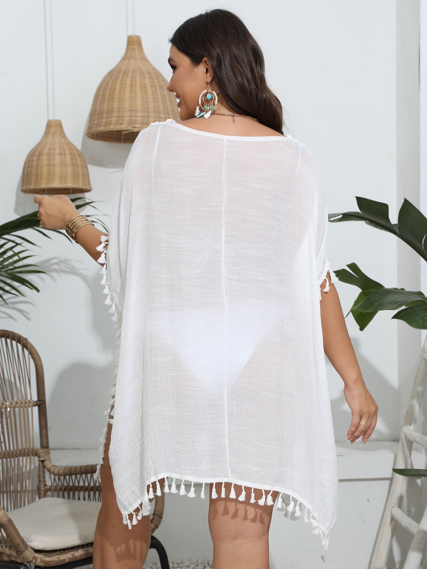 Dress Sexy Tassel Stitching off Neck Backless Lace up Beach Dress