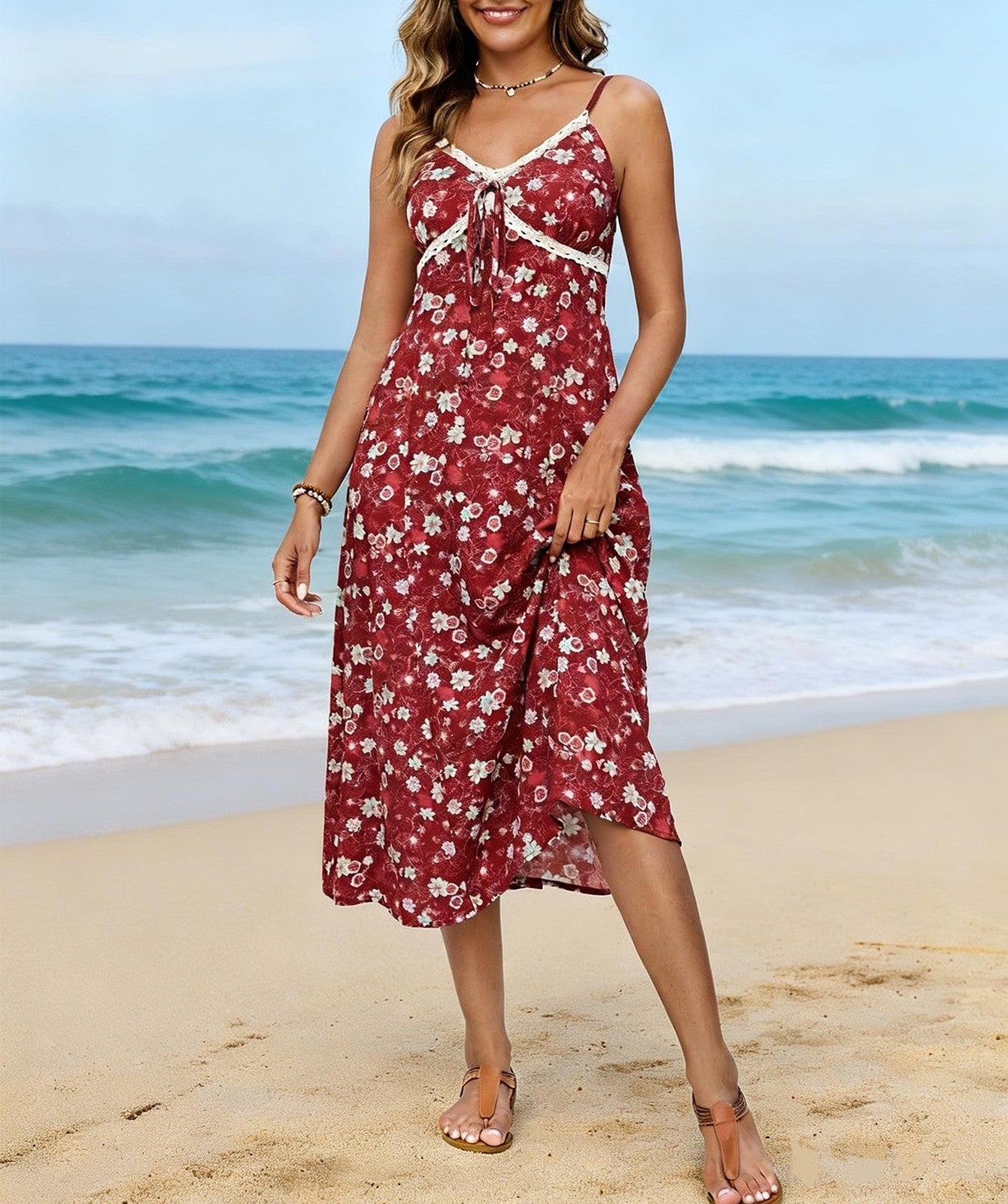 Women Mid Length Floral Print Halter Dress With Lace Up Neckline Waist Cinching Design And A Casual Style Suitable For Parties Vacations And Beach Outings