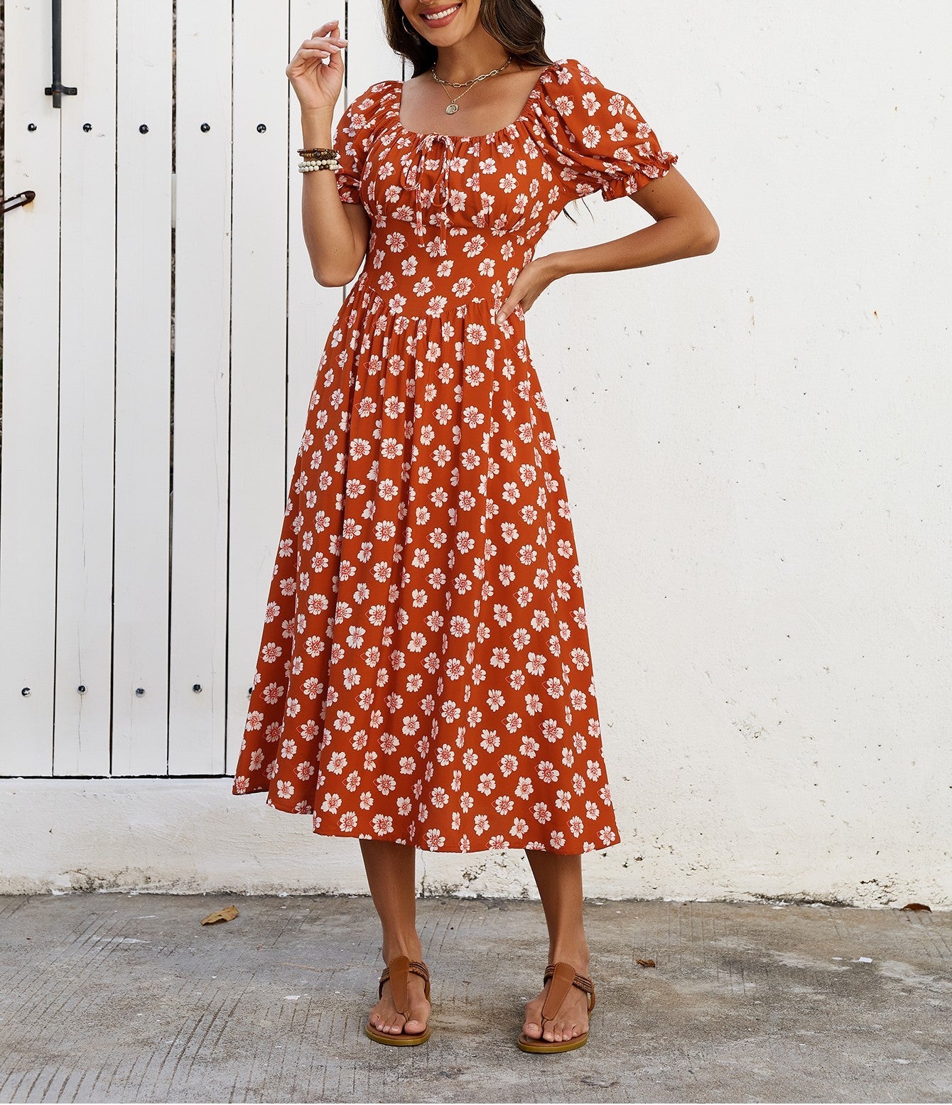 Women Printed Square Neck One Shoulder Short Sleeved Dress With Ruffled Hem Suitable For Casual Beach Vacation And Seaside Outings With A Fitted Waist Design
