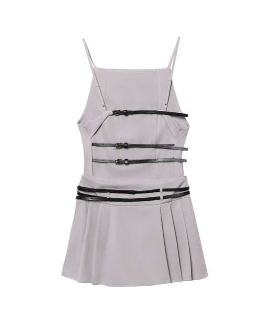 Women Simple Short Gray Belt Backless Pleated Dress
