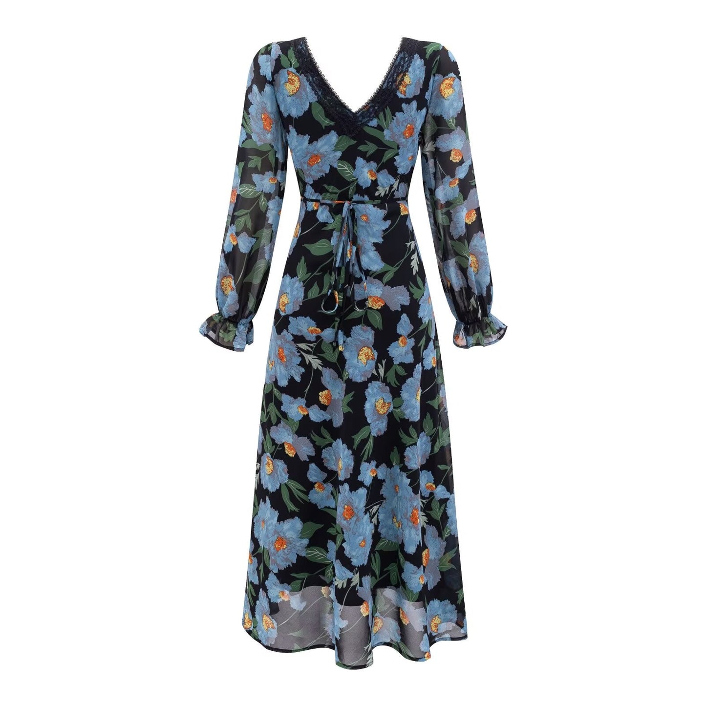Summer Romantic Elegant Elegant Elegant Lace Stitching Printing V neck Long Sleeve Dress