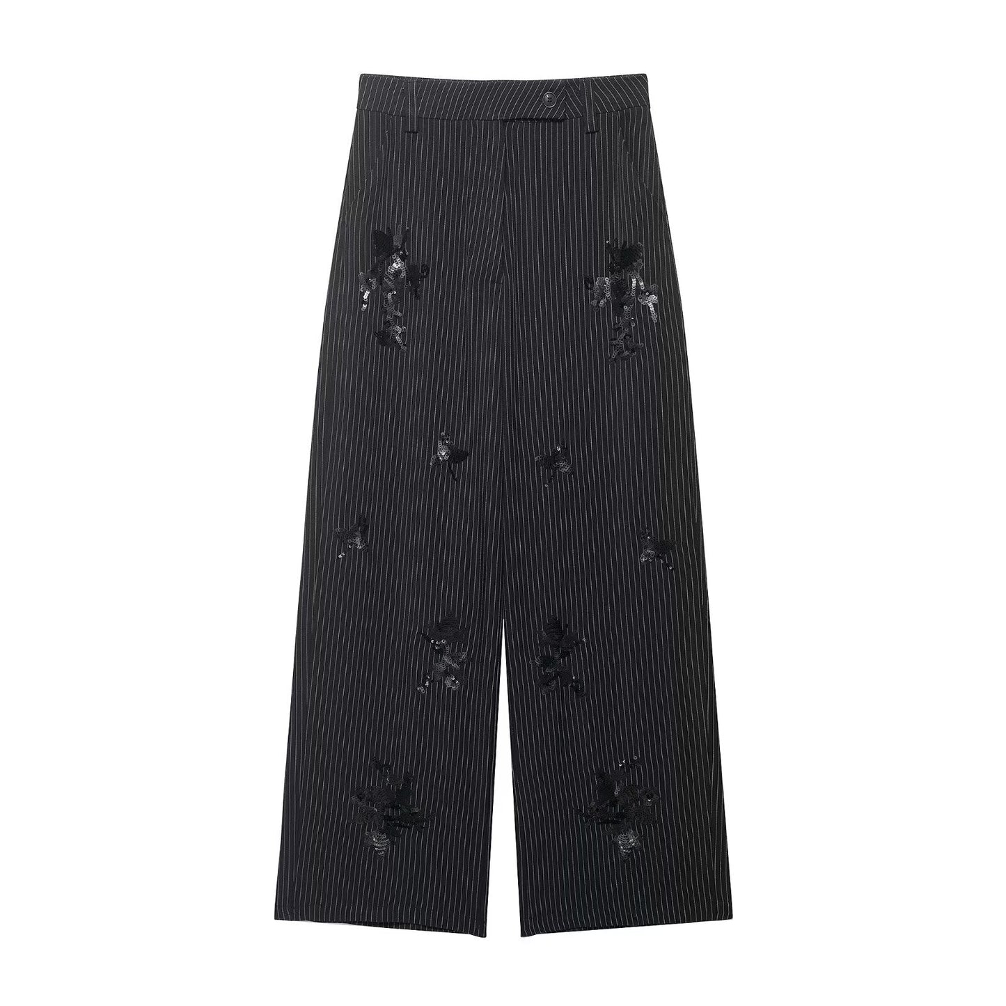 Spring Women Clothing Embroidered Sequ Striped Work Pant Two Piece Sets