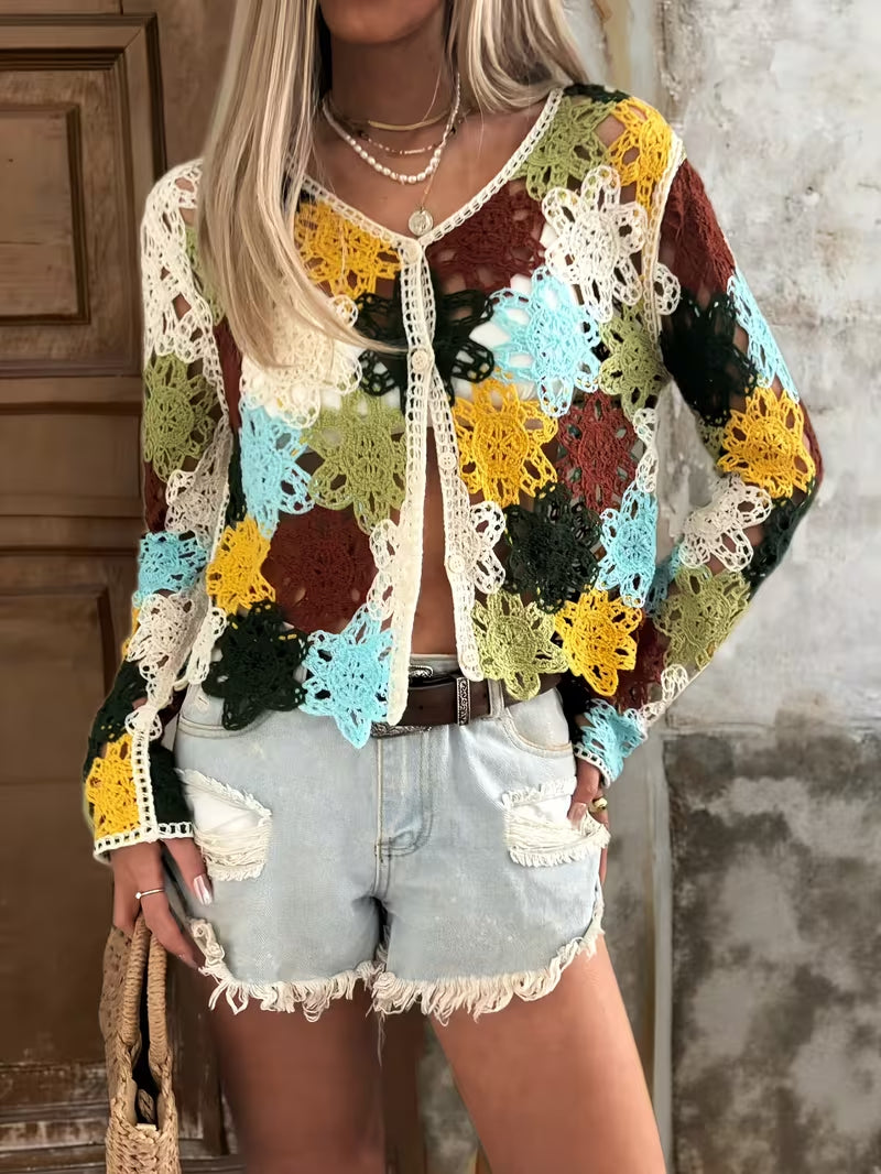 Women Hollow Embroidered Crochet Patterned Bohemian Style Colorful Knitted Cardigan