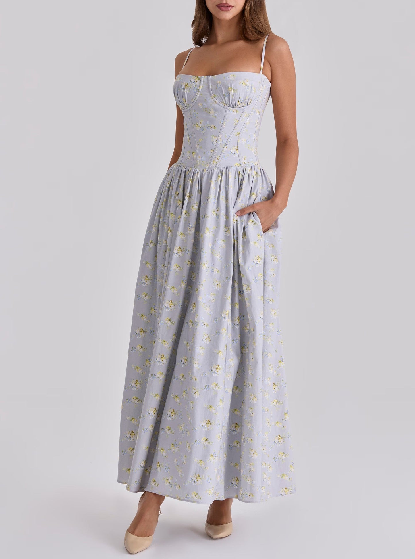 Retro Elegant Floral Pastoral Lace up Waist Controlled Strap Dress Long Dress