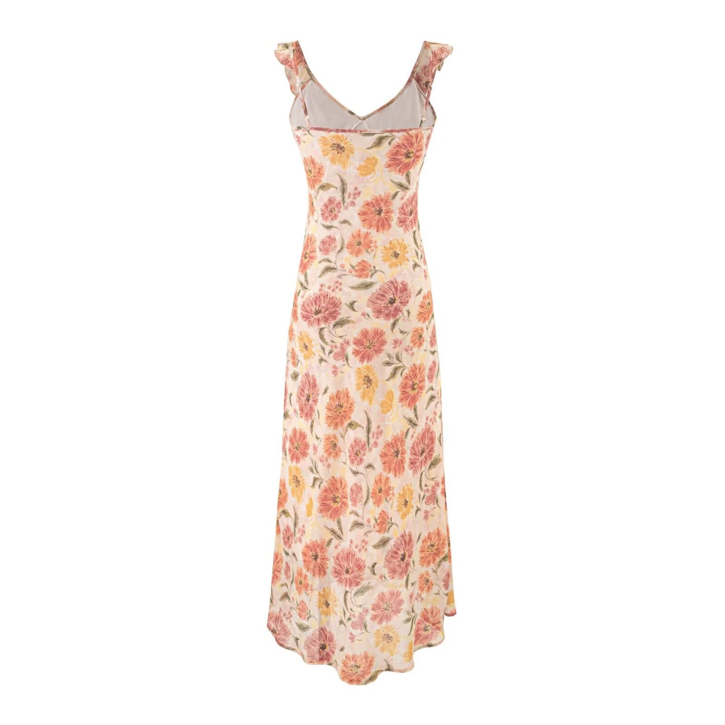 Romantic Bright Printed Suspender Dresses Summer V neck Flounce Lace up Waist Slim Fit Elegant Dress Long Dresses