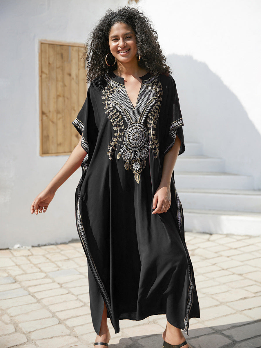 Rayon Embroidered Maxi Dress Women Embroidered Vacation Loose Beach Jacket Maxi Dress Beach Cover Up