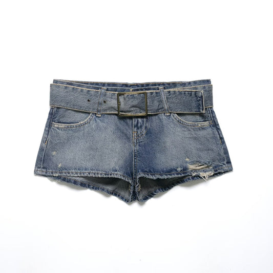 Women Clothing Summer Retro Belt Ripped Denim Shorts