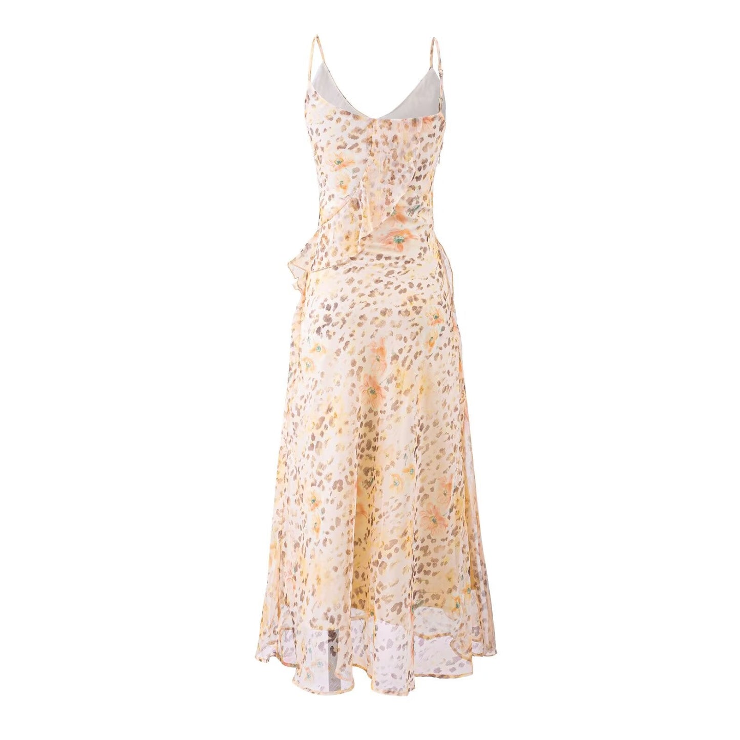 Summer Gentle Ruffled Design Niche Leopard Print Maxi Dress Slim Fit Strap Dress
