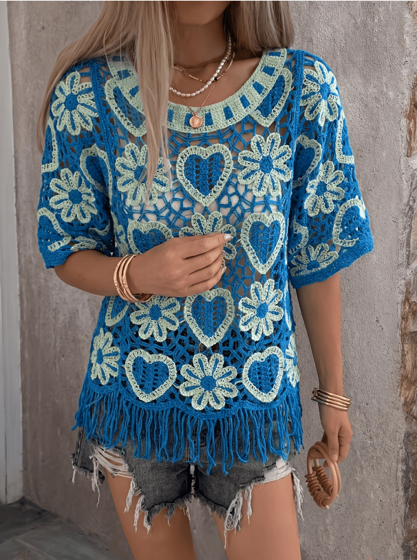 Women Summer Hook Patterned Open Work Round Neck Pullover Fringed Knitted Sweater