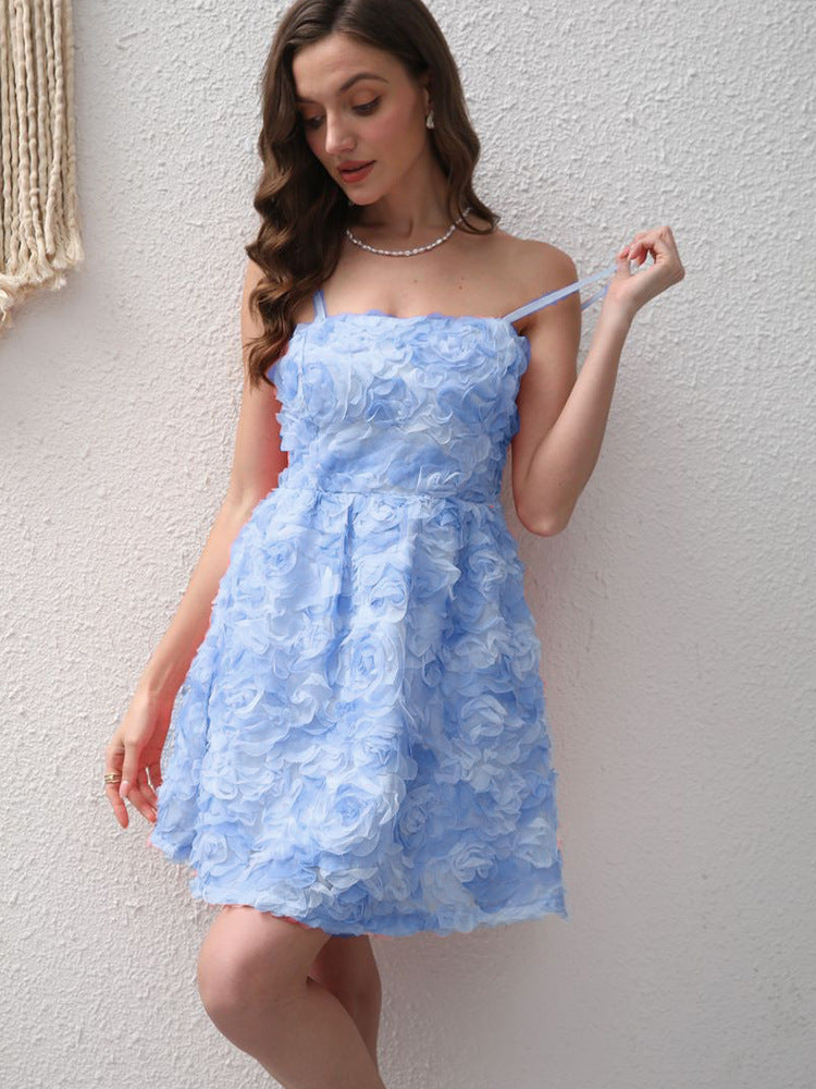 Summer Three Dimensional Rose Embroidered Sweet Elegance Suspender Strap Bow Dress for Women