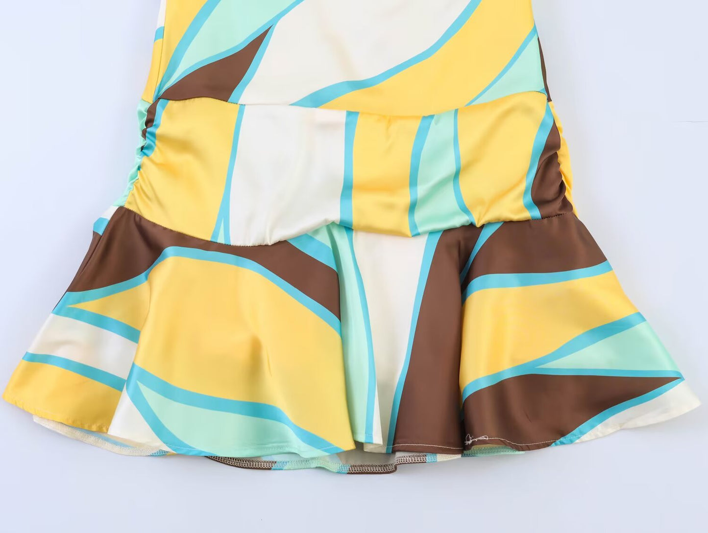 Women Clothing Slim Print Pleated Hanging Collar Dress